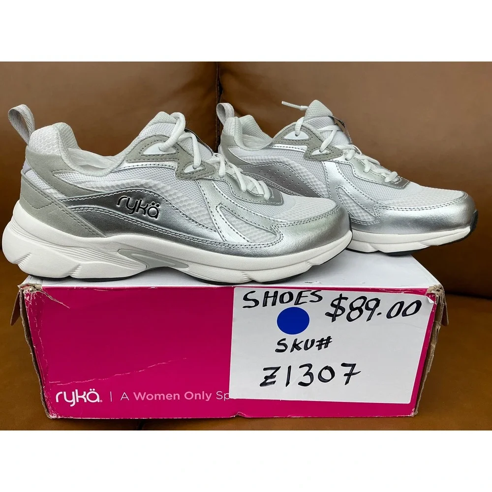Ryka Skyrise Walking Sneaker Womens 8.5 White Silver New Water Repellent